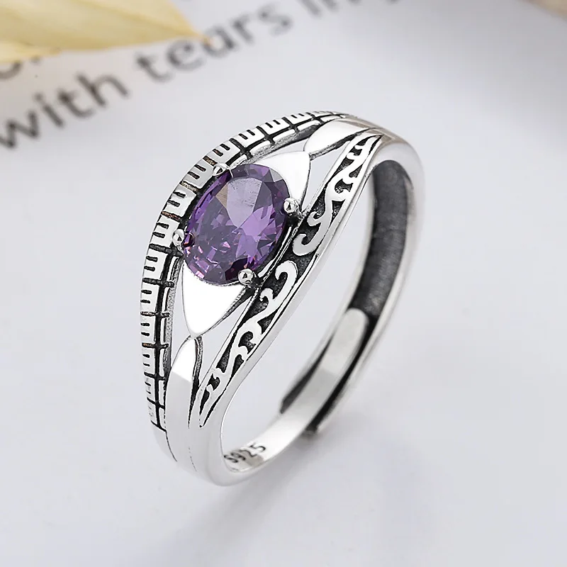 

925 Sterling Silver Women's Ring Retro Light Luxury Palace Style Pattern Design Hoop Purple Zircon Adjustable Ring Gift Jewelry