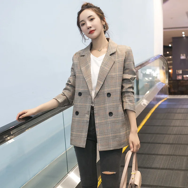 

Korean Style Plaid Blazer For Women Double Breasted Coat Chic Clothes Simple Loose Casual Blazers Spring Autumn Suits Dropship