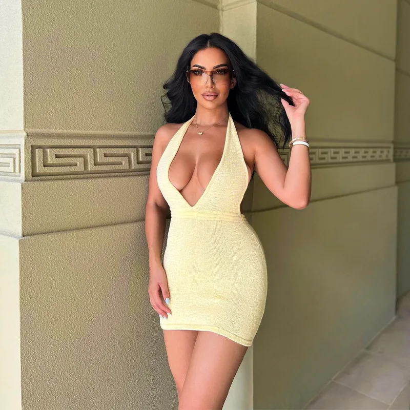 

Summer Dress for Women Deep V Sexy Backless Halter Mini Dress