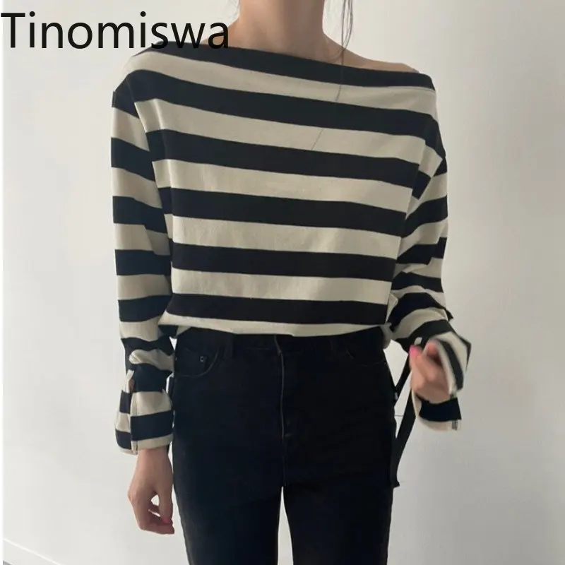 Tinomiswa Новые Осенние футболки в Корейском стиле женские свободные полоску с