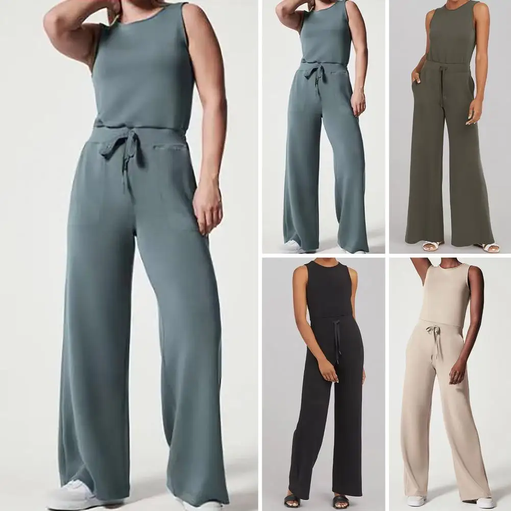 

Wide Leg Pants Elastic Waist Solid Color Sleeveless Non-Fading with Pocket Dress-up Cotton Blend Summer Women Trousers Jumpsuit