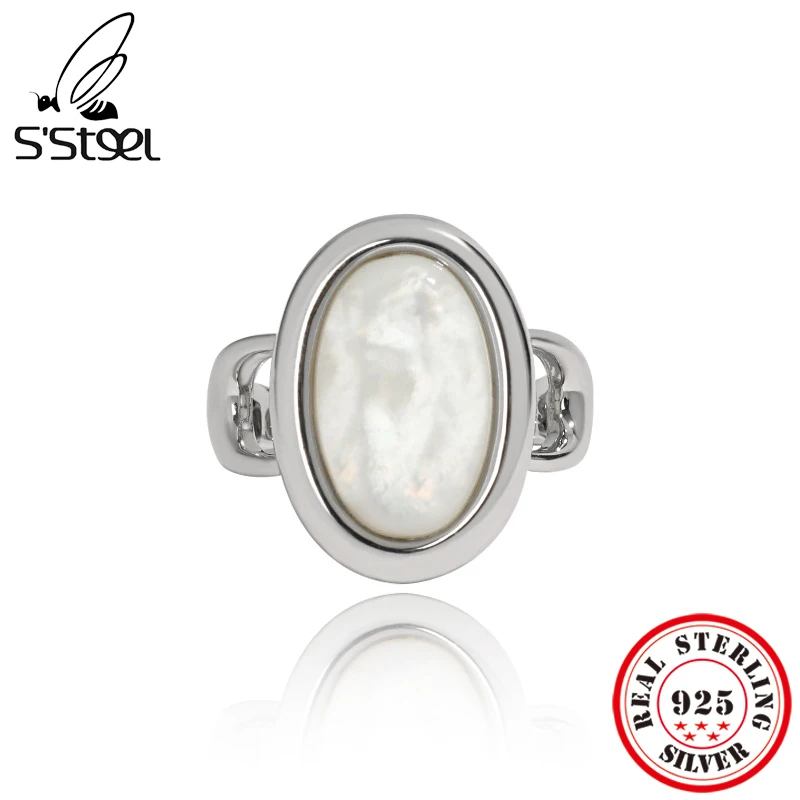 

S'STEEL Oval Shell Light Luxury 925 Sterling Silver Rings For Women Couple Adjustable Wedding Vintage Ring Designer Fine Jewelry