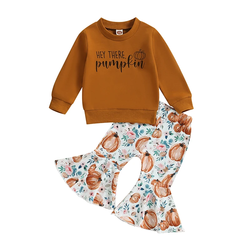 

Girl Clothes Sets 2pcs Letter Long Sleeve Sweatshirts Pumpkin Flower Flare Pants