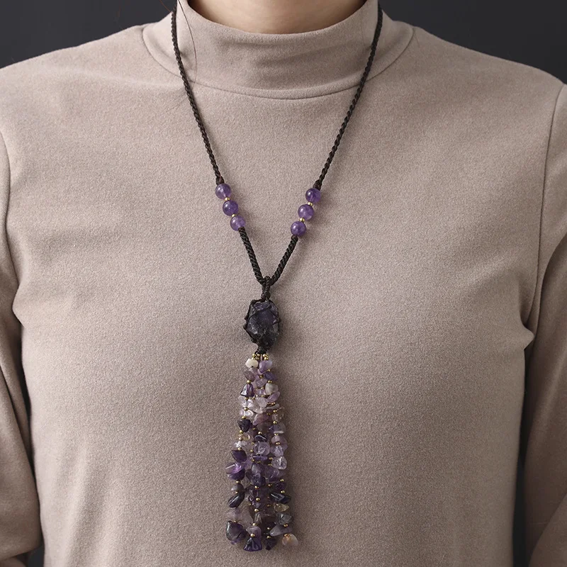 

Unpolished Natural Stone Pendant Rope Wrap Crystal Stone Ornament Necklace For Women Reiki Gravel Crystal Tassels Jewelry