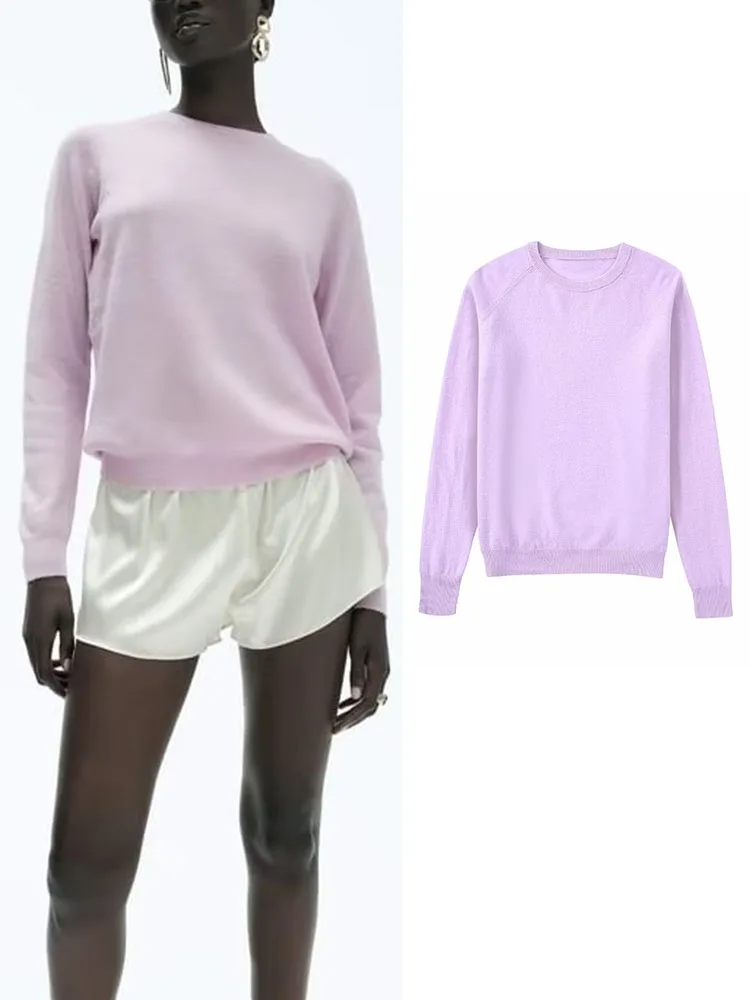 

TRAF Newest Autumn Ladies Solid Knitted Sweater 2022 Blue And Pink O-neck Pullover Tops Long Sleeve Soft Casual Streetwear