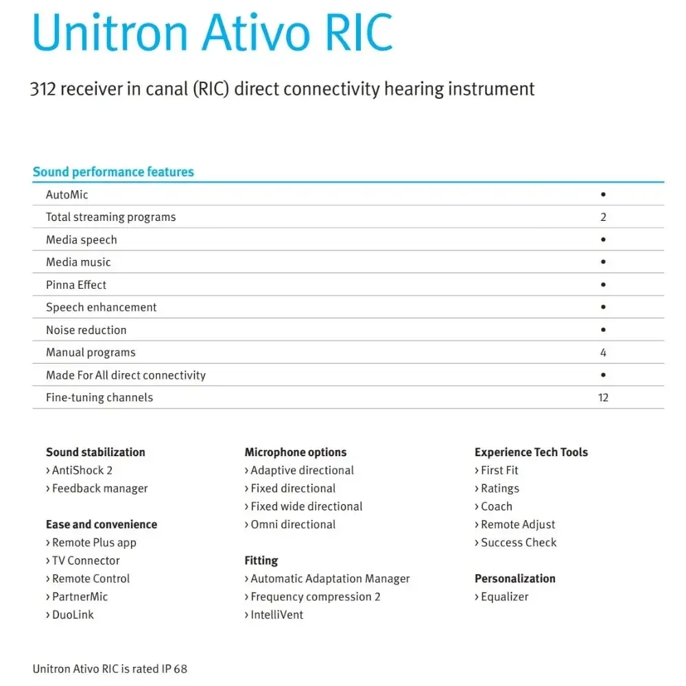 Слуховой аппарат Unitron Bluetooth Ativo RIC с управлением через приложение, батарея 312, для прослушивания музыки и совершения звонков. (art.: 3920d9789cdab) - 3920d9789cdab
