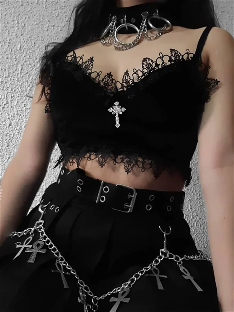 

Women's Crop Top Sexy Sling Lace Trim Tank Tops Gothic Style Spaghetti Straps V Neck Open Back Camisole Clothes Clubwear Y2k