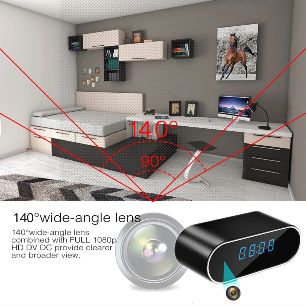 

WiFi Clock 1080P HD Wide Angle Video Camera IR Phone Remote Micro Cam Office Camcorder Voice Recorder with Microphone