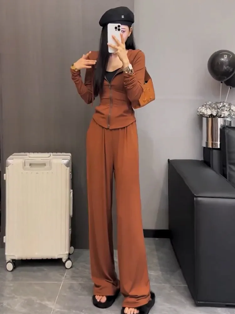 Весенний женский облегающий пиджак со шнуровкой на талии и капюшоном брюки с