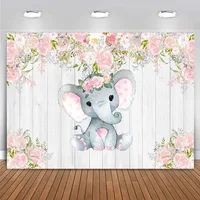 Rustic White Wood Elephant Backdrop Baby Shower Pink Floral Girl Newborn Kids Birthday Party Wall Banner Photography Background