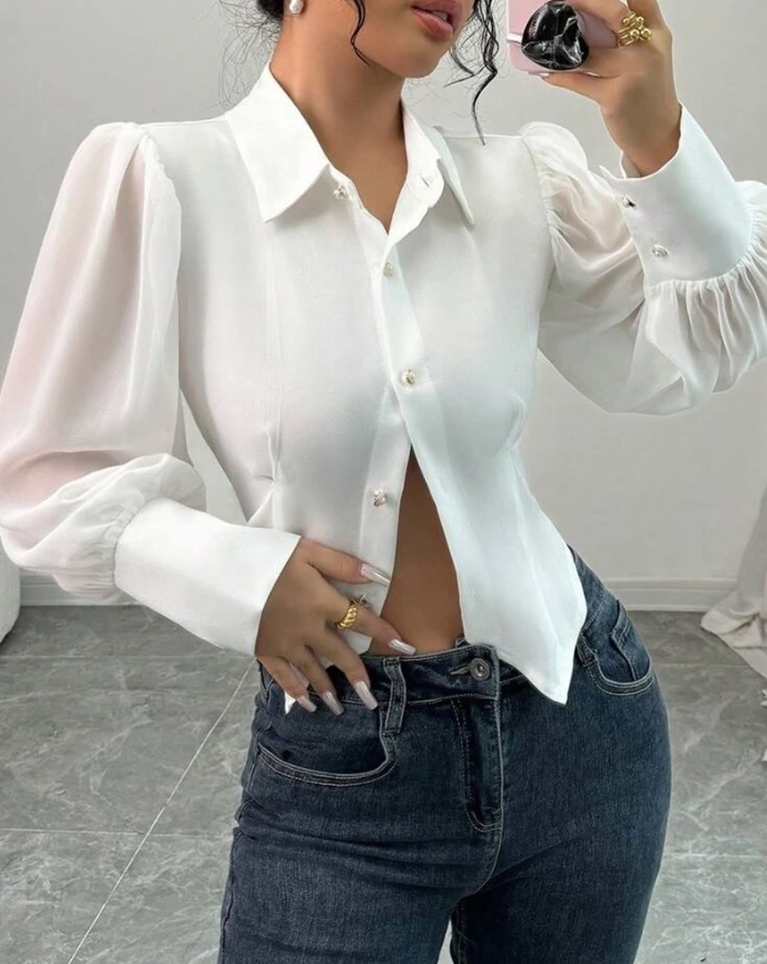 Женская рубашка элегантная однотонная блузка с фонариком Ciff длинным рукавом и