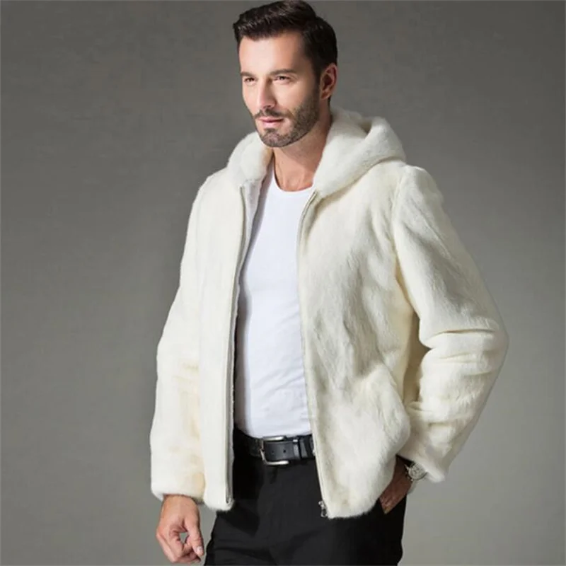 Autumn white hooded faux mink fur leather jacket mens winter thicken warm fur leather coat men loose jackets fashion B209