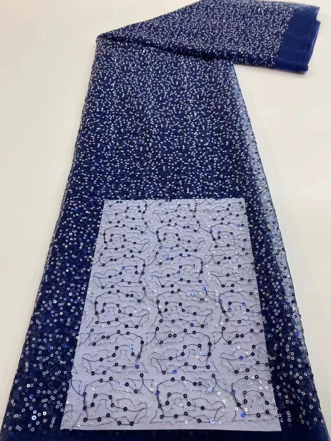 

Africa Lace Fabric High Quality 2022 royal blue Luxury Handmade Embroidery Sequence Beaded Lace Fabric For Party Dress