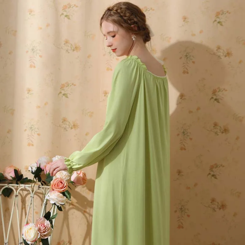 Roseheart Women Homewear White Green Sexy Sleepwear Nightdress O Neck Bow Nightwear Long Luxury Female Court Gown Nightgown