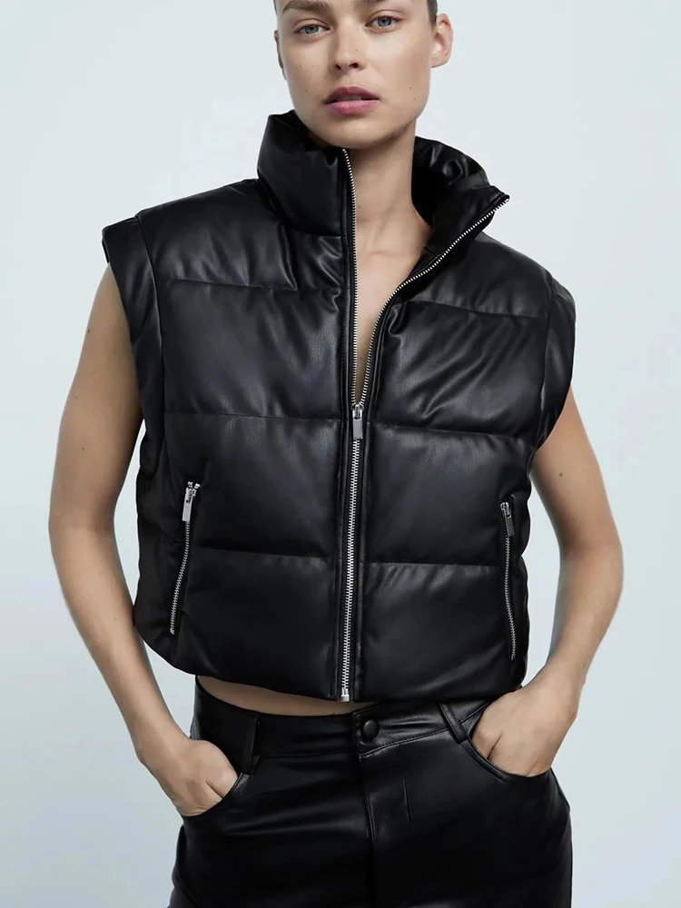 

2024 New Winter Imitation Leather Vests Woman Elegant Zipper Quilted Waistcoat Faux Sleeveless Cotton Padded Jackets Vest Coat