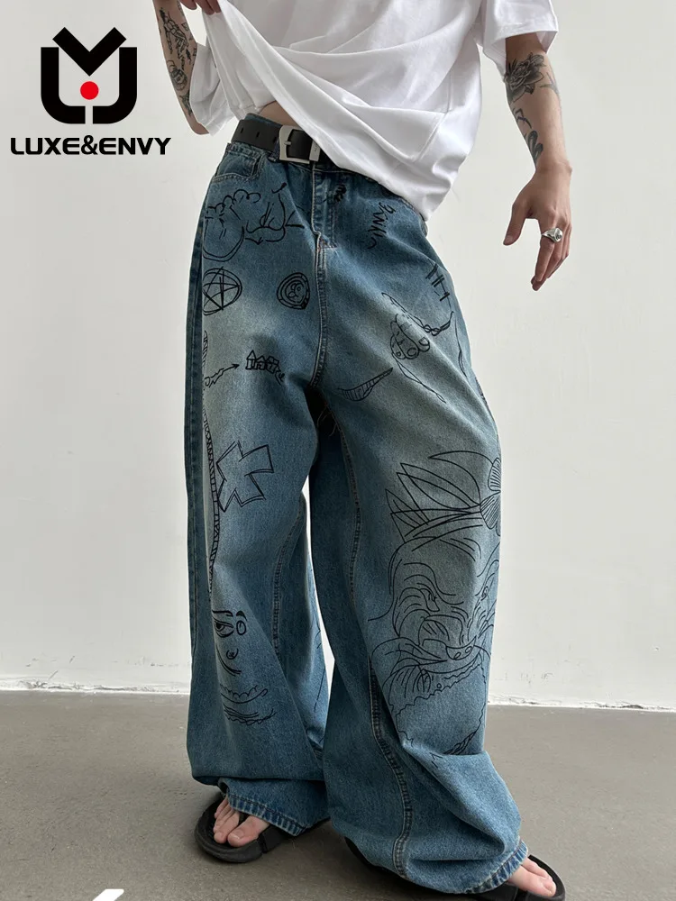 

Джинсы LUXE & ENVY мужские с широкими штанинами, уличная одежда с ручной росписью и принтом граффити, стирка, синие брюки для мужчин, весна-лето 2023