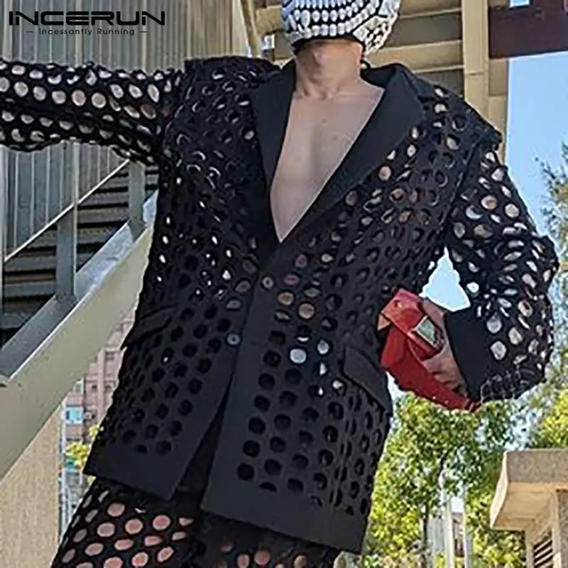 

INCERUN Топы 2022 сексуальные для отдыха новые мужские рубашки в клетку модная мужская однотонная сетка с длинным рукавом для вечеринки ночного ...