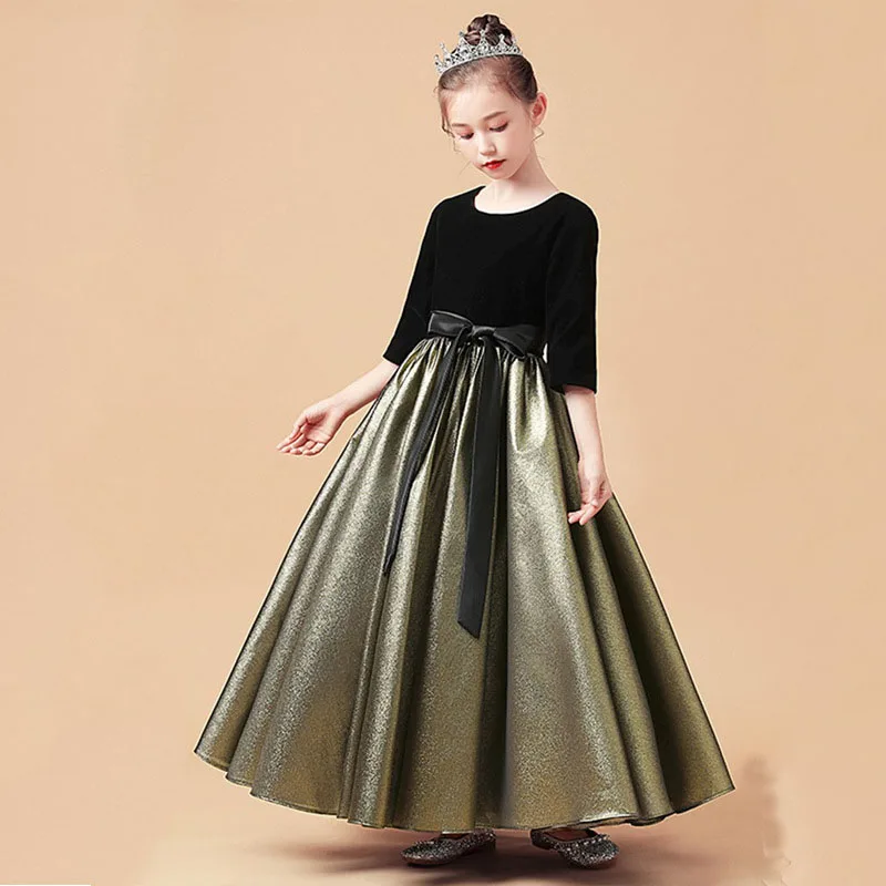 European and American girls show piano costume band chorus golden dress children little princess skirt long sleeves Chunchun