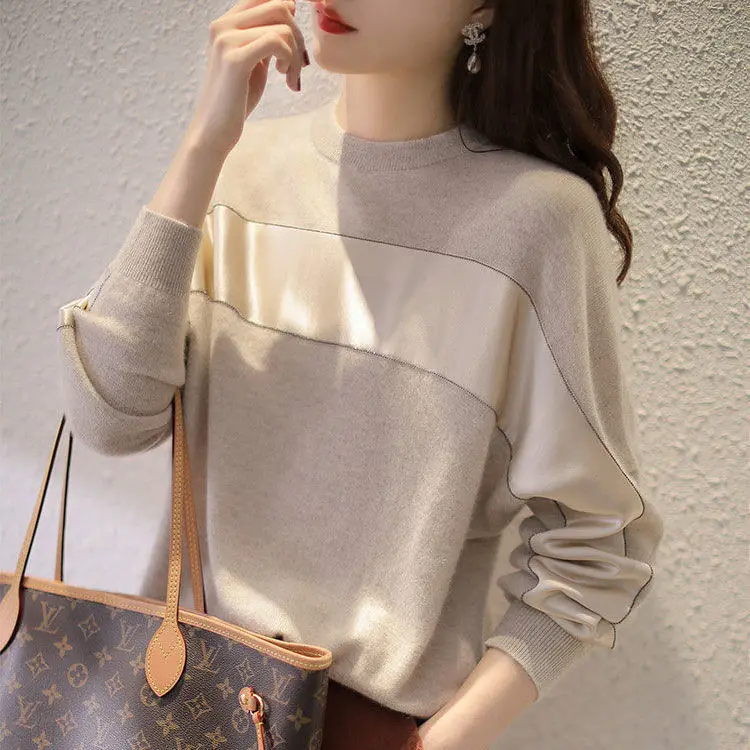 

New Spring Autumn Winter Knitwear Foreign Style Top Tshirt Leather Stitching Long Sleeve Simple Fashion Pullover Bottoming Shirt