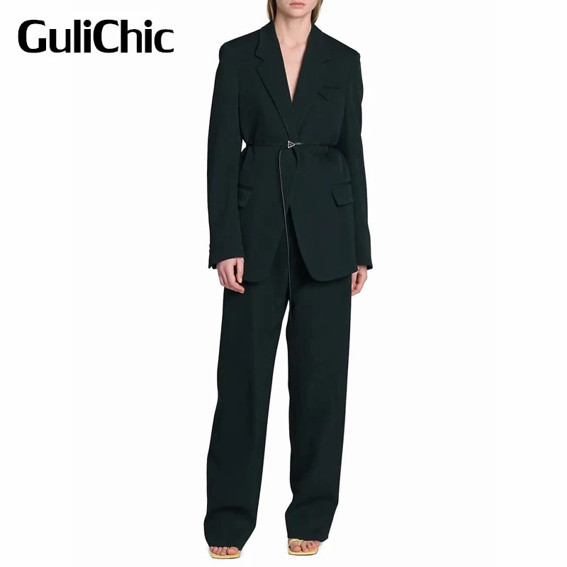 

8,29 GuliChic женский винтажный темпераментный однотонный с поясом шерстяной Блейзер или прямые брюки комплект