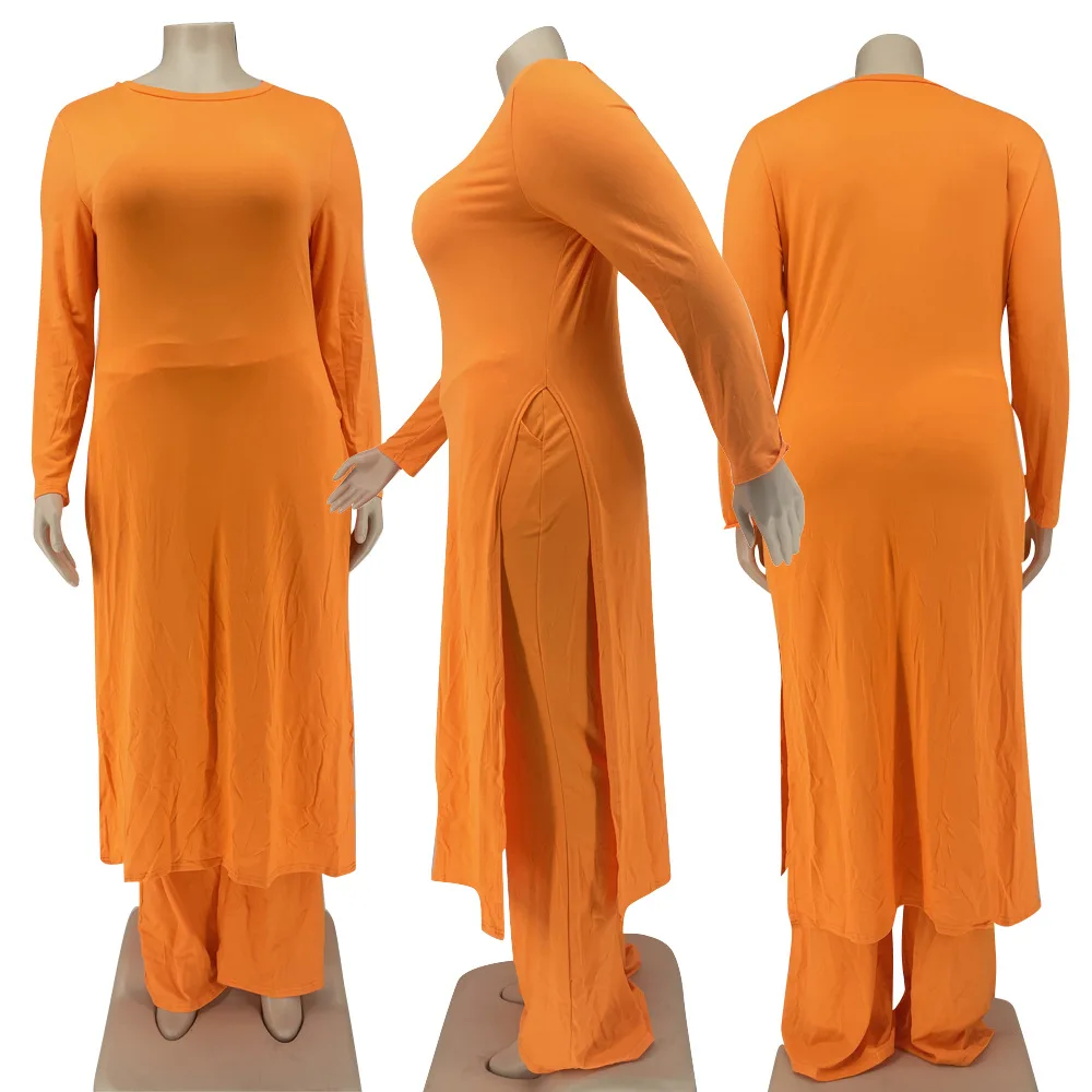 Plus Size Women Clothing Solid Long Sleeve O-Neck Ankle-Length Set of Women's Clothing 2 Pieces Elastic Waist Slim Fit Full