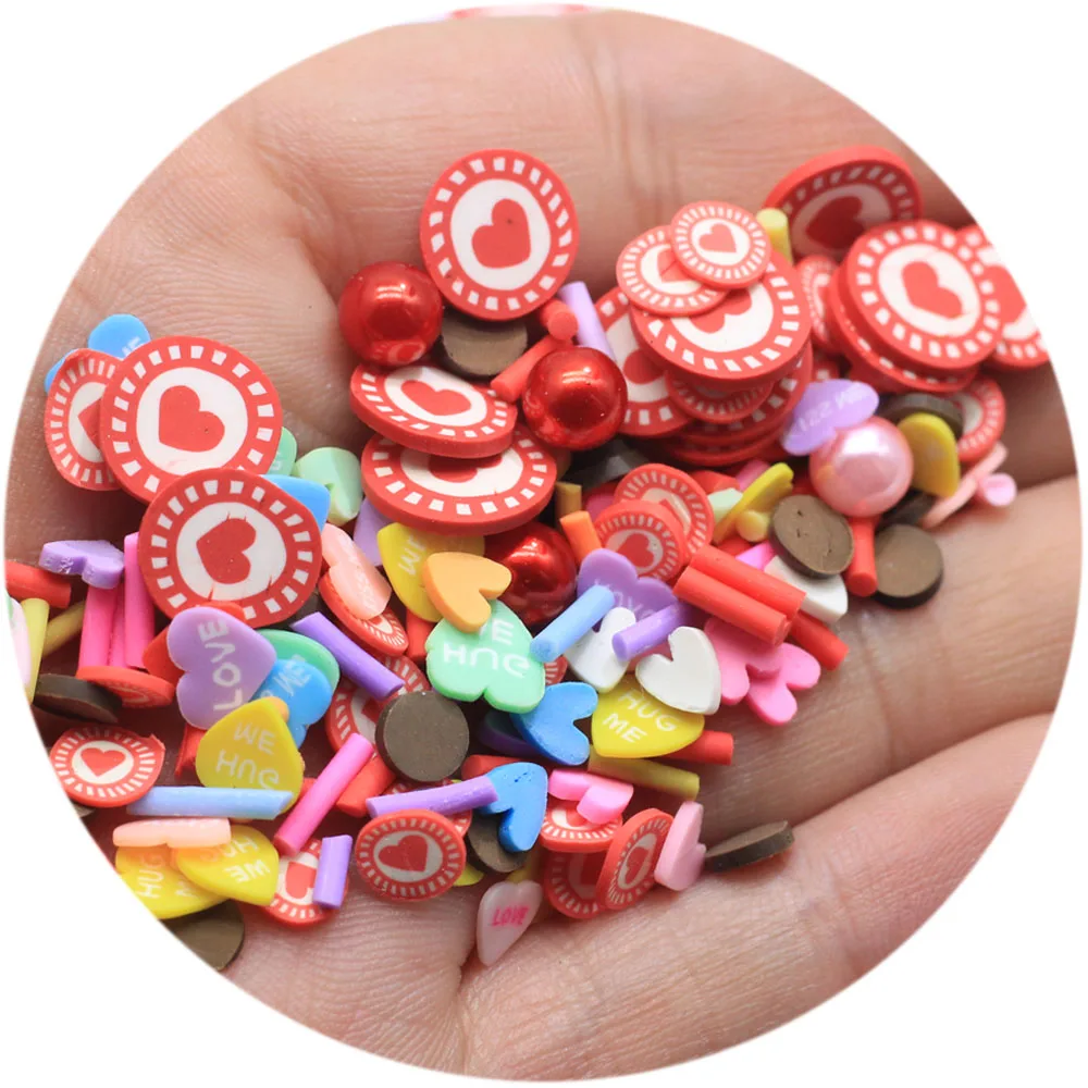 

Festival Party Themed Heart Candy With Pearl Beads Clay Slices Assorted Sprinkles for Slime Crafts