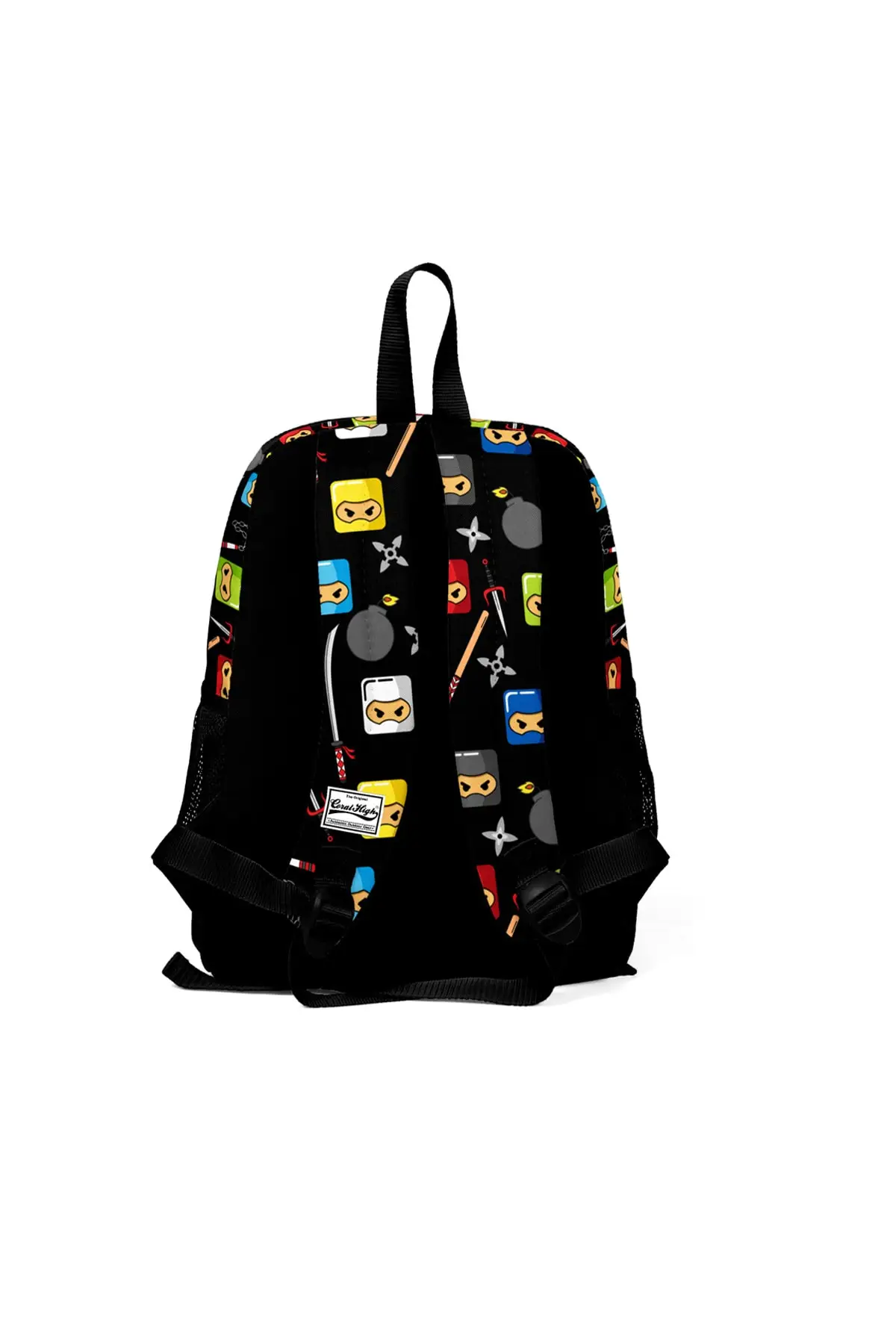 Детский черный рюкзак с тиснением ниндзя двумя отделениями для начальной школы