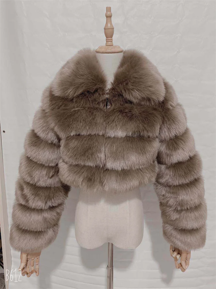 Faux Fur Coat Women Fashion Short Slim Lapel Imitation Fox Fur Jackets Female Long Sleeve Stitching Outwear Apricot White S-6XL