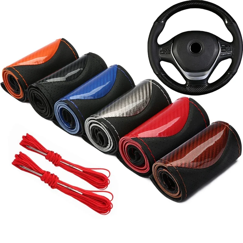 

Crystal Carbon Fiber Microfiber Leather Fashion Sports Hand-stitched Non-slip Car Steering Wheel Cover Braid on steering wheel
