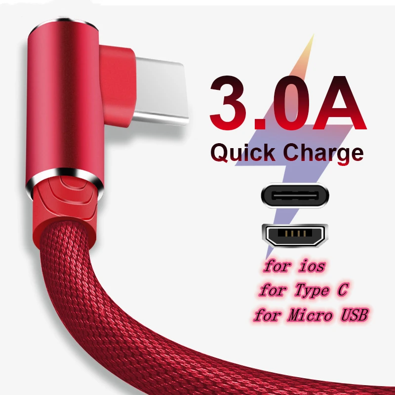 

1 2 3m 90 Degree Fast Charge Data Type C Micro USB C Cable For Samsung Huawei Xiaomi Type-c Charger long Mobile Phone Wire Cord