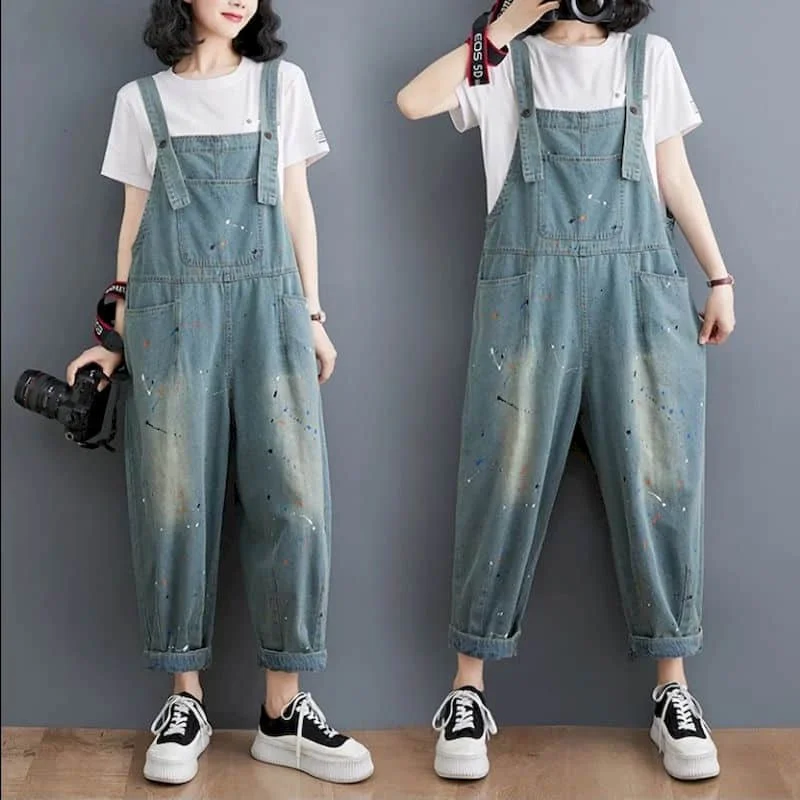 Джинсовые комбинезоны для женщин корейский стиль комбинезон с принтом Харадзюку