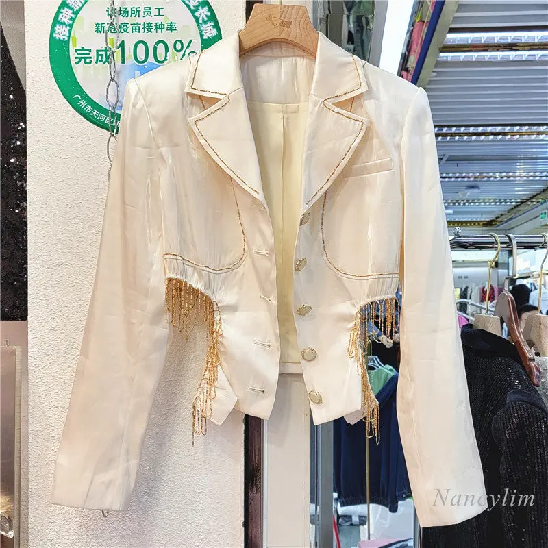 

Women's Y2K Jacket 2023 Spring High-Grade Temperament Socialite Side Hollow Chain Tassel Suit Jacket High Waist Coat Femme