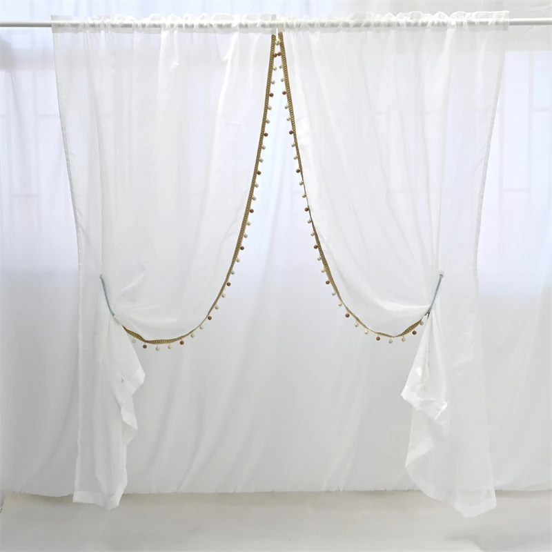 

White Pom Pom Tasseled Sheer Tulle Curtains For Bedroom Farmhouse Faux Linen Semi-Voile Transparent Bay Window Drapes Panel Z