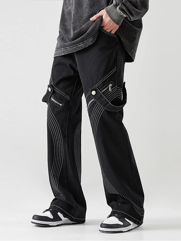 Vibe Style Belt Zipper Baggy Pants Men Cargo Wide Jeans Pants Y2K Clothes Straight Hip Hop Denim Trousers Pantalones Hombre 4XL