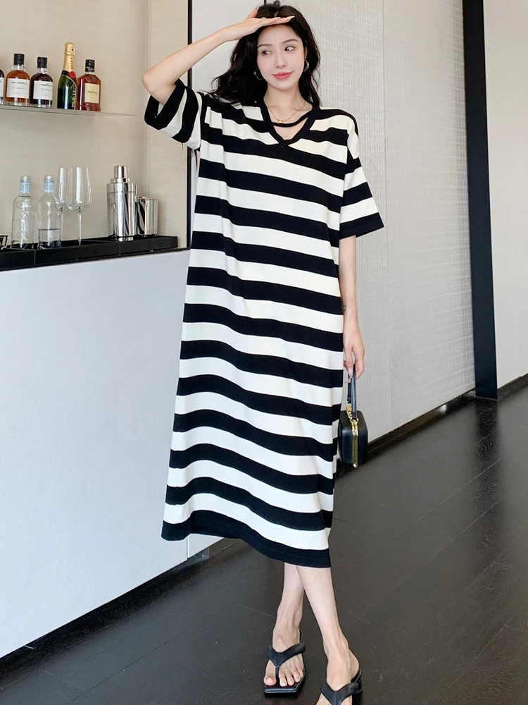 Женское трикотажное платье NYFS свободное с V-образным вырезом и коротким рукавом в