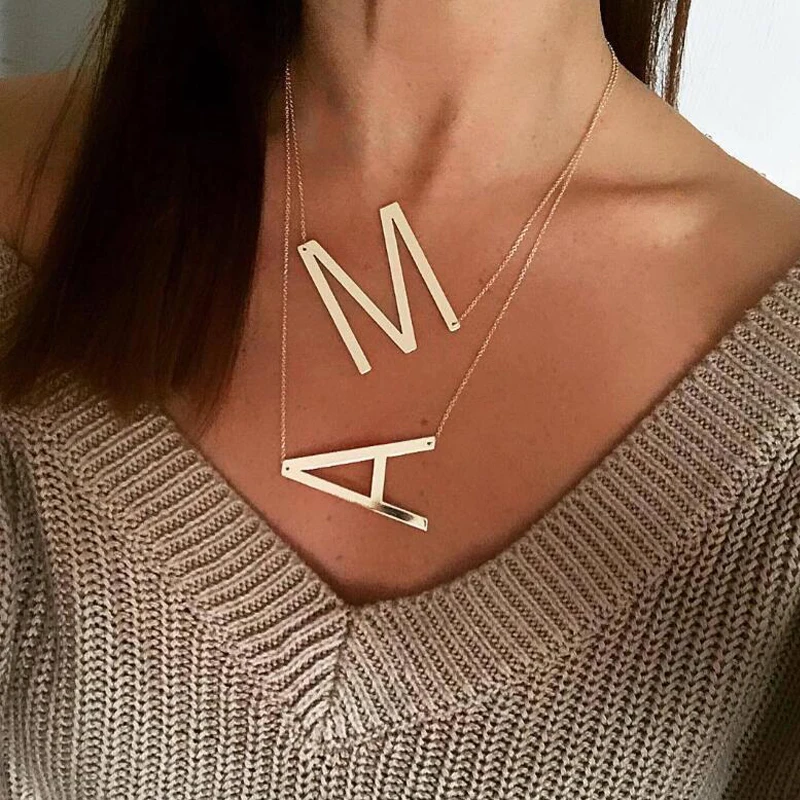 

Sideways Large Initial Necklace Gold Plated Stainless Steel Big Letter Script Name Monogram Pendant Necklace for Women Gift