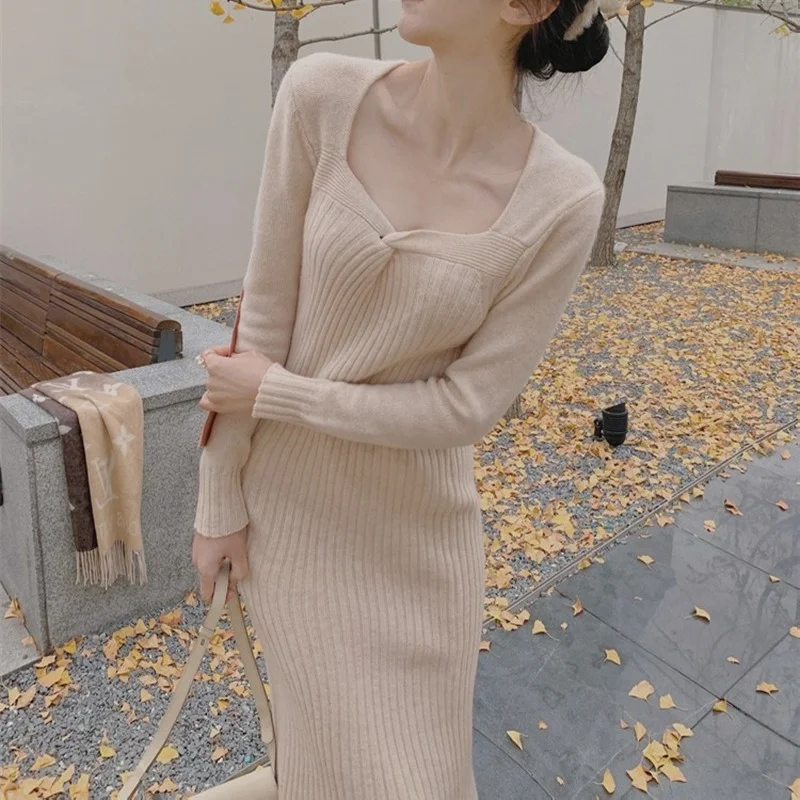 

Vintage Bodycon Knitted Dress Midi Sexy Elegante Korean Long Sleeve Off Shoulder Party Vestido Para Mujer Robe Femme Fall X29