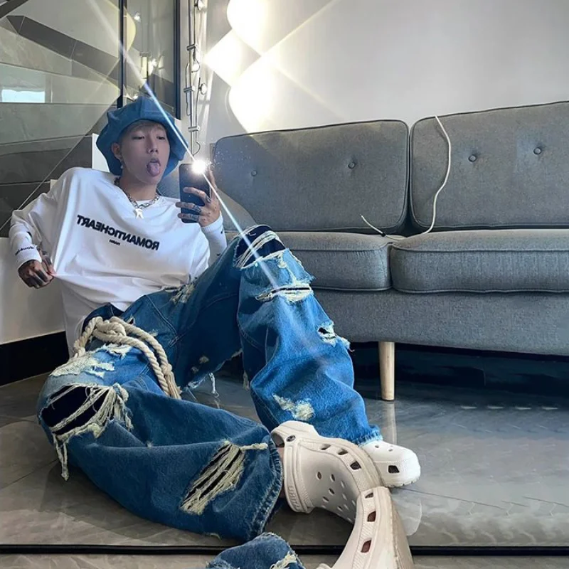 DEEPTOWN Ripped Straight Jeans Punk Hole Distressed Denim Pants Male Loose Casual Cowboy Trousers Vintage Streetwear Hip Hop