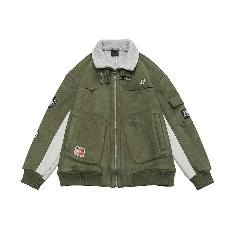 

Men's Suede Winter Splice Jackets Letter Embroidery Lamb Fleece Coat Thickened Cashmere Parka for Male