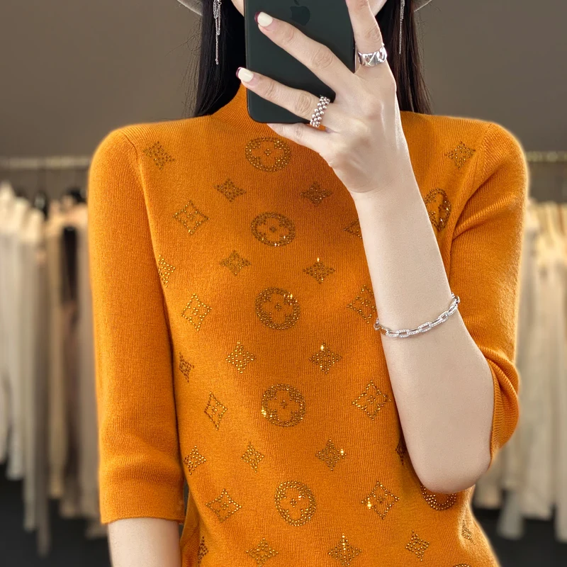 

Spring And Autumn Hot Drilling Worsted Wool Short-Sleeved Bottoming Shirt With And Mid-Sleeve Letter Studded Pullover Top