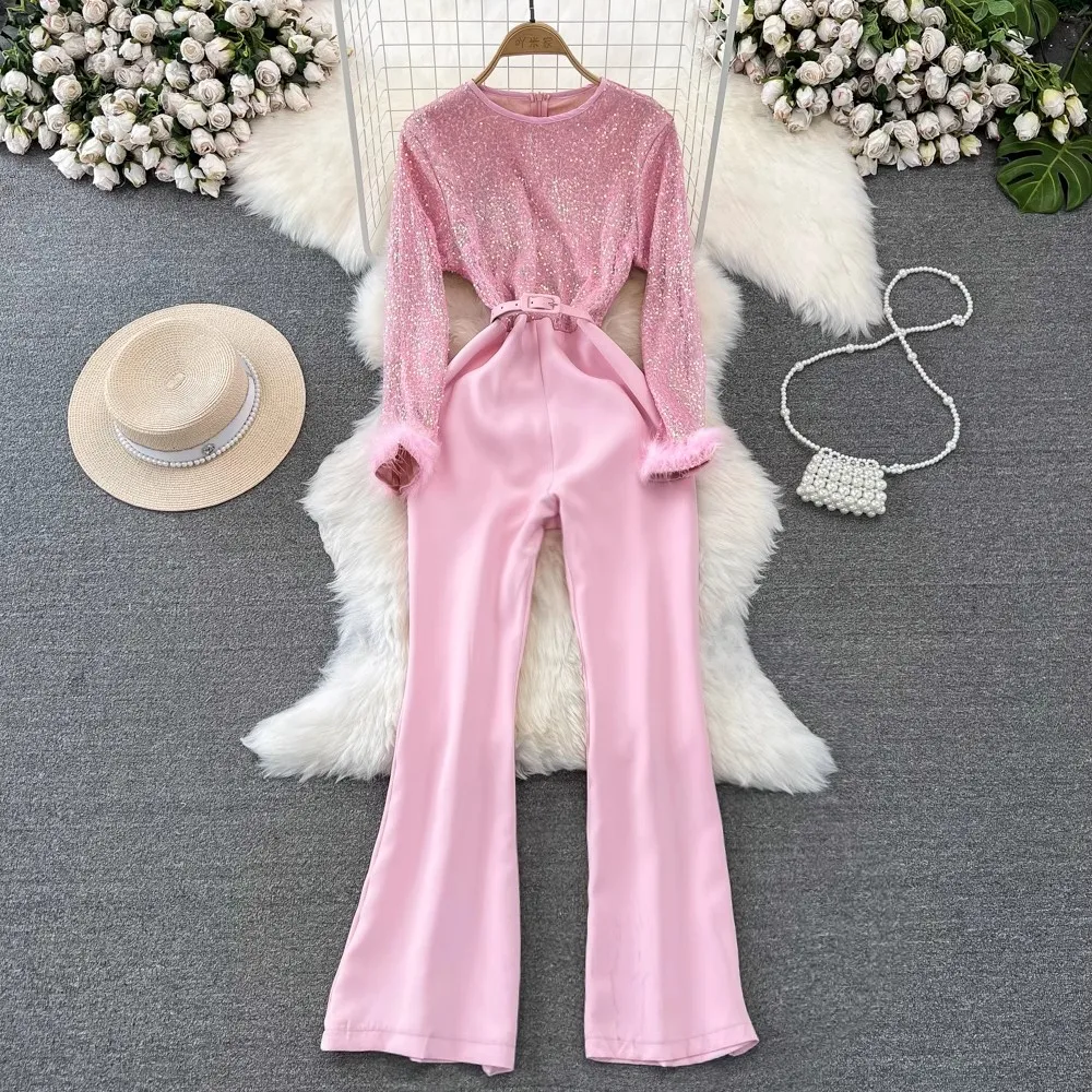 

Комбинезон женский с широкими штанинами, элегантный вечерний комбинезон с блестками, Модный меховой комбинезон с длинным рукавом