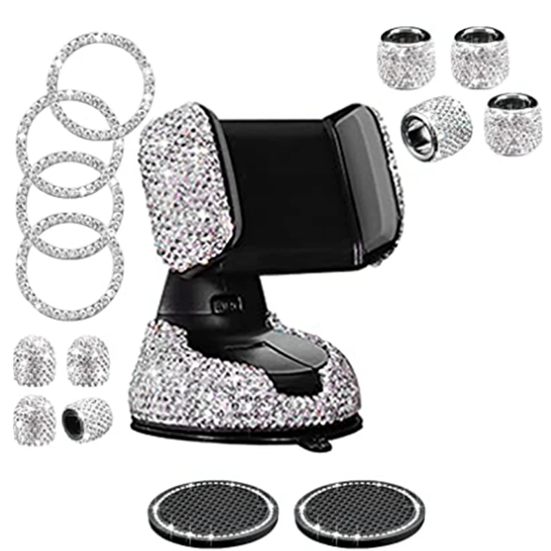 

15Pack Bling Car Accessories For Women Set Car Phone Holder Mount Car Coasters Bling Tire Valve Stem Caps Silver