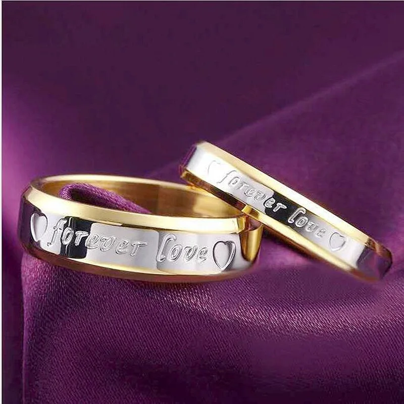 Couple Titanium Steel Gold-Plating Ring Inscription “Forever LOVE ”Ladies Men Promise Rings Valentine'S Day Gift Jewelry