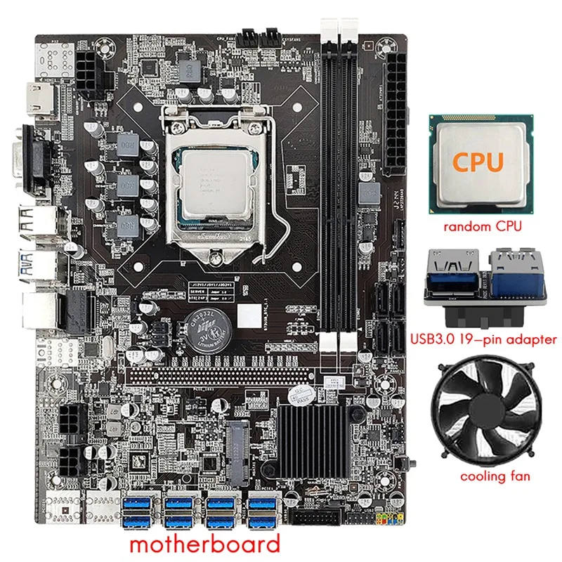 B75 8 Card Mining Motherboard+CPU+Cooling Fan+USB3.0 19-Pin Adapter 8 USB3.0 (PCIE) GPU Slot LGA1155 DDR3 SATA3.0 BTC