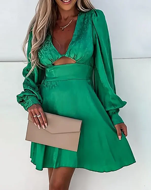 

Female dress allover print satin lantern sleeve cutout casual dress women summer spring 2022 new fashion green mini dresses