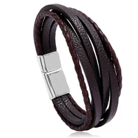 multi layer design men bracelet simple woven leather charm bangles new magnet buckle stainless steel jewelry for bracelet homme