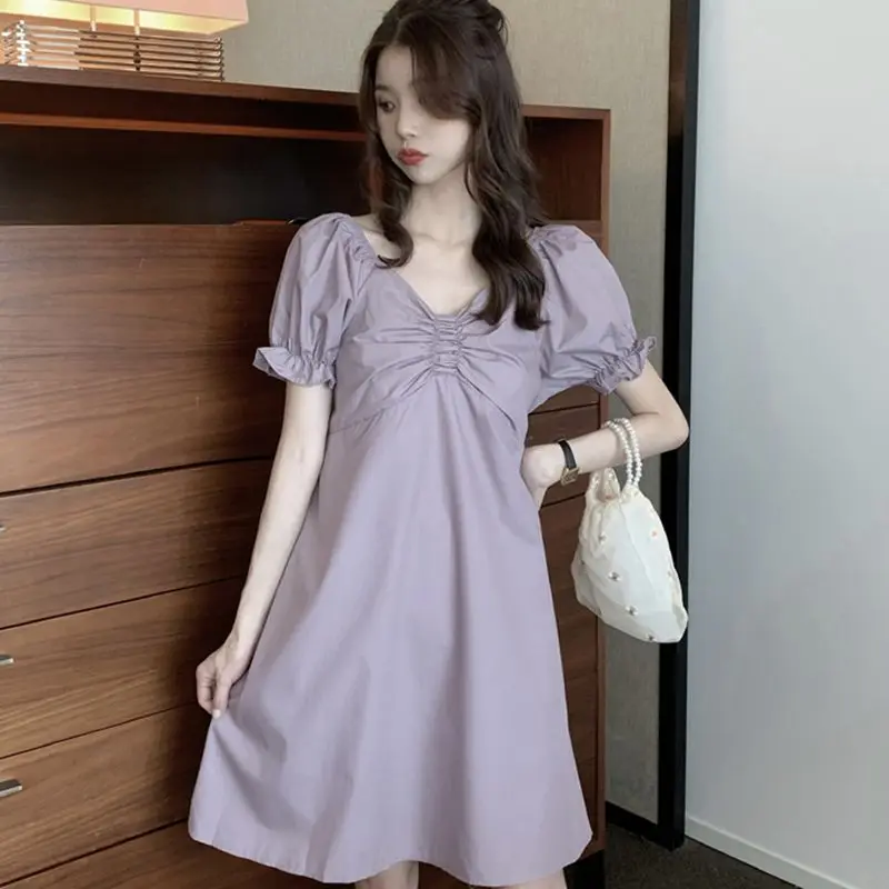 

Женское летнее платье с высокой талией, розовое, фиолетовое платье с пышными рукавами и высокой талией, 2022