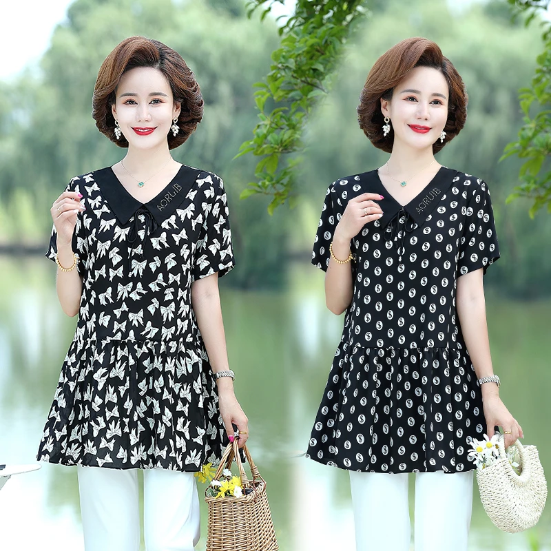 

Elegant Peter Pan Collar Short Sleeve polka dot bow Shirt For Women Casual Loose Printed Pullovers Blouses Fashion Summer Clothe