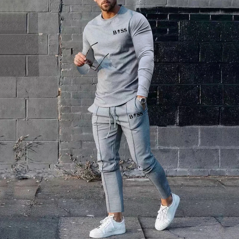 Men's Spring Autumn Summer Round Neck Long Sleeve T-Shirt Trousers Set Men's Clothing Casual Fashion Sports 2-Piece Sportswear