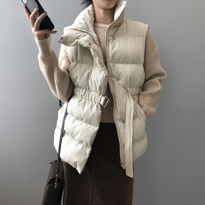 

Winter Stand Collar Women Coat Vest Adjustable Waist Sleeveless Loose Women Warm Cotton Vest Thicken Winter Vest Tops